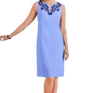 Talbots Linen Blend Butterfly Sheath Dress in Blue Women’s 12P